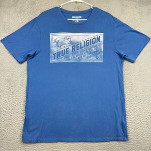True Religion Shirt Mens Large Blue Box Budha CRW NK‎ Front Logo Rock Hipster